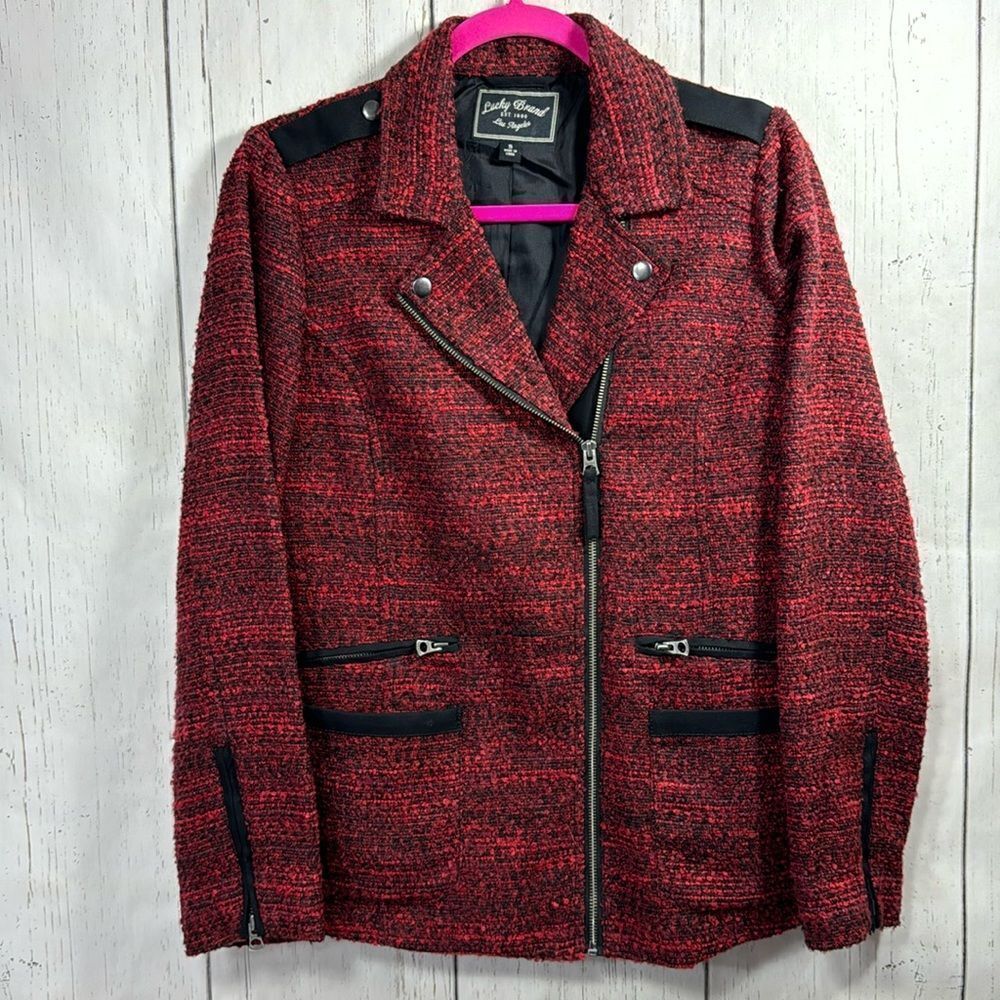 Lucky Brand Jacket Red Tweed Moto Zip Front Size S Casual Office